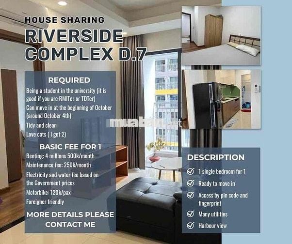 Tìm bạn share 1 phòng ngủ trong căn 2 phòng ngủ