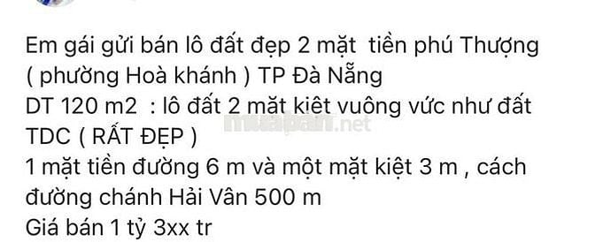lô đất 2 mặt tiền phú thượng (phường Hoà Khánh)  dt: 120m2