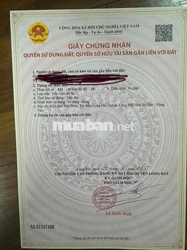 Bán 2 nền liền kề, thổ cư, TT Long Hải Vũng Tàu. Giá ngộp thu hồi vốn.