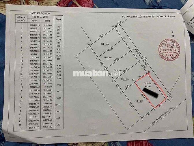 bán đất 52,3m2 ngõ 217 Bùi Xương Trạch ô tô tránh