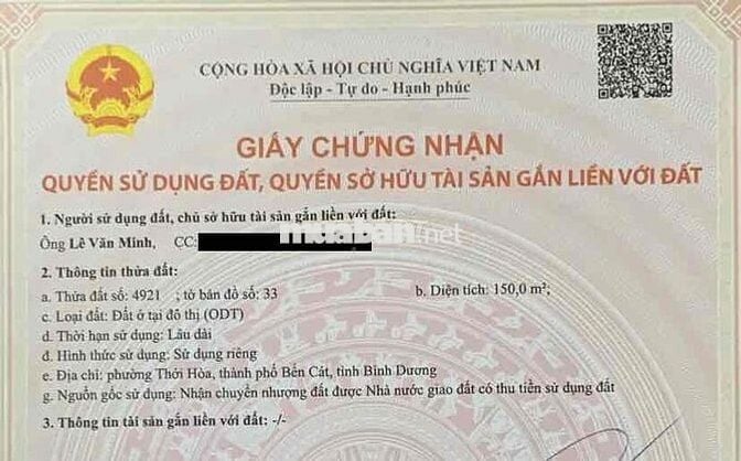 BÁN ĐẤT MẶT TIỀN ĐƯỜNG CHỢ MỸ PHƯỚC 3, THỚI HOÀ, BẾN CÁT, BD