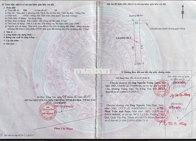 Bán lô đất đg nhựa thông rộng 7m p.hắc dịch phú mỹ,dt:5x39 giá 920tr