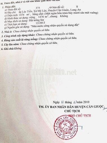 Bán gấp đất ẤP Lộc tiền-đất LUA quy hoạch ONT , đường xe máy