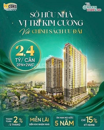Căn hộ chung cư Green Diamond, 52.7m2, 2pn 2wc tại Đại Lộ Thống Nhất