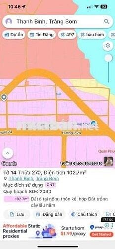 5X20 THỔ CƯ, XÃ THANH BÌNH TRẢNG BOM GẦN HƯƠNG LỘ 24