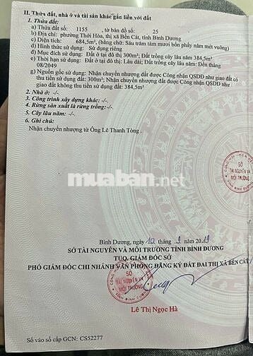 Kẹt tiền NH ra gấp lô đất 685m2 (300 thổ cư),P Thới Hòa, Bến Cát, BD.