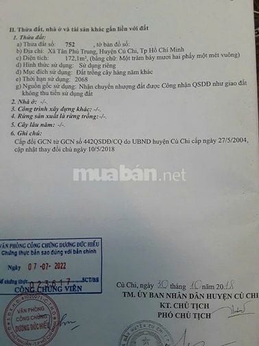 Chia gia tài nên bán nhà 172m2 ở xã Tân Phú Trung - Củ Chi giá 750tr