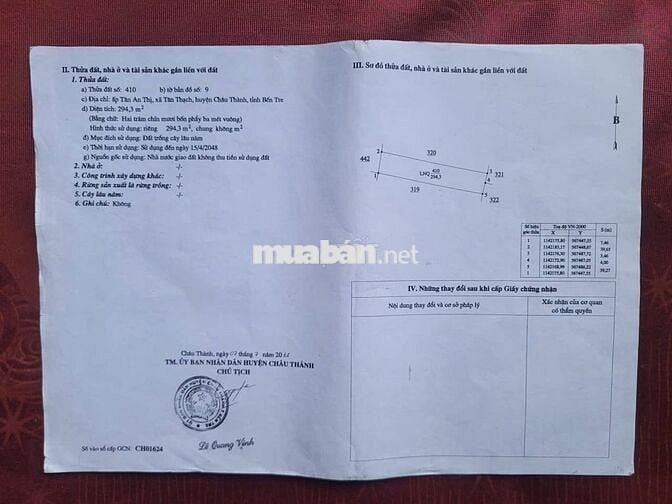 Bán đất Châu Thành, Bến Tre, giá 900 triệu(TL),294,3m2,Lhệ:908885840