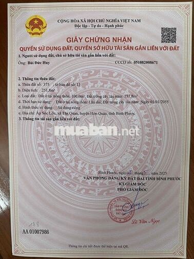 Đất thổ cư gần khu dân cư, cách chợ Tân Quan 2km, giá 210tr