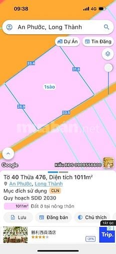  Bán đất xã An Phước, Long Thành: 31 x 33,5m = 1.011m2, giá 7,5 tỷ