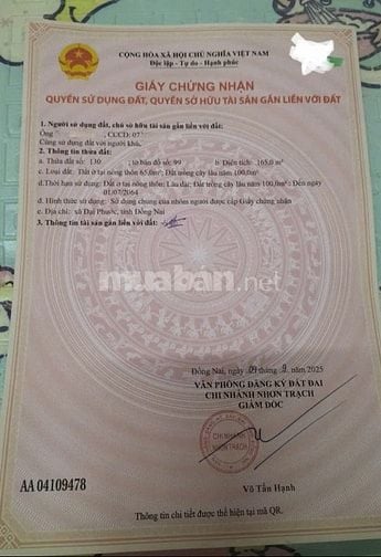 Bán nhà đất đối diện UBND xã Đại Phước, cách phà Cát Lái 4km. Giá 9 tỷ