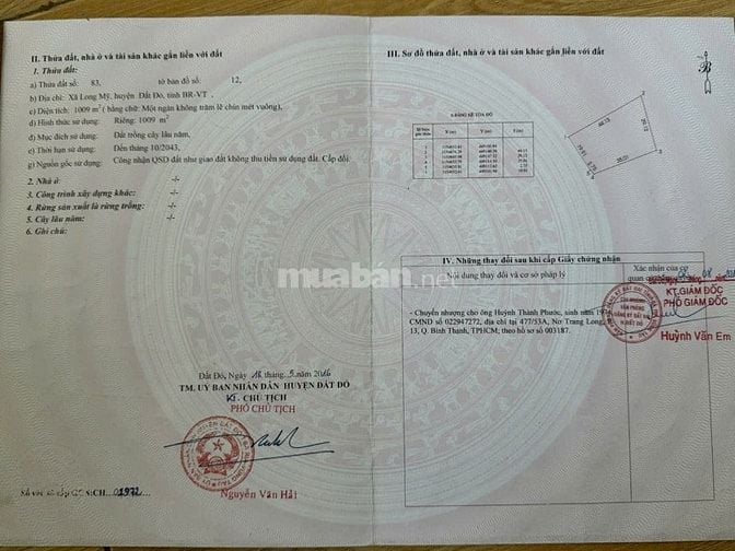 Bán miếng đất ở Huyện Đất Đỏ, Vũng Tàu, Mặt tiền đường Võ Thị Sáu 