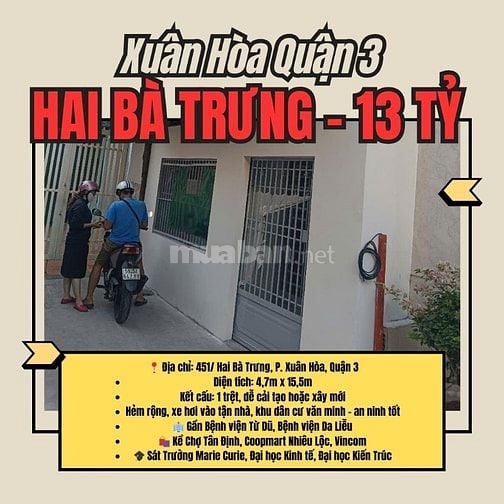 Bán Nhà HxH Hai Bà Trưng, P. Xuân Hòa, Quận 3, DT: 4,7x 15,5m= 70m 13T