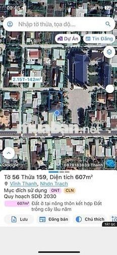 Bán đấu giá đất: 607m2,(300m2 thổ cư) hẻm đường Hùng Vương, NT, DN