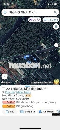 Bán đấu giá đất: 953m2. Mặt tiền đường Cây Dầu, xã Nhơn Trạch, ĐN