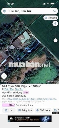 Bán đất thổ cư gần chợ Tân Trụ, Long An, TP.HCM, 168m2, giá 600tr