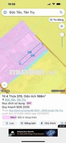 Bán đất thổ cư gần chợ Tân Trụ, Long An, TP.HCM, 168m2, giá 600tr