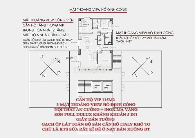 CĂN HỘ 114M2, 3 MẶT THOÁNG, VIEW HỒ ĐỊNH CÔNG, NHÀ KTS SỬA RẤT ĐẸP.
