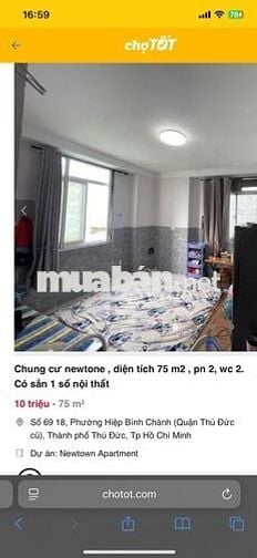 Chung cư newtone. Dtích 75 m2, pn 2, pk 1, wc 2, có sẳn 1 số nội thất