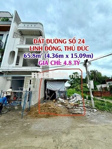BÁN ĐẤT HẺM XE HƠI – ĐƯỜNG SỐ 24, P. LINH ĐÔNG – 65.8M² – GIÁ 4.8 TỶ