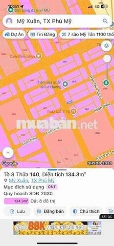 Bán lô góc 2 mặt tiền đường nhựa, tdc phường mỹ xuân,