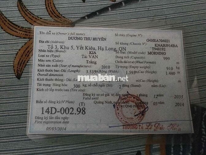 Kia Morning 2010 tải VAN