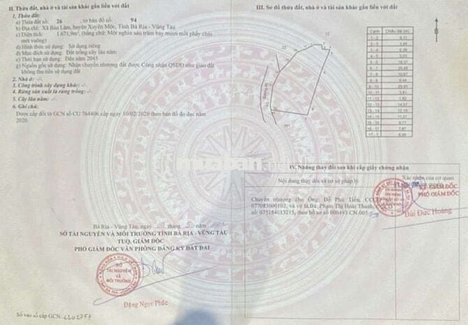 CẦN VỐN KD NÊN BÁN 1671,9M2 ĐẤT TRỒNG CÂY LÂU NĂM Ở BÀU LÂM, BRVT