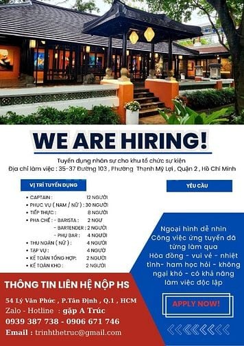 TUYỂN PHỤC VỤ - CAPTAIN - THU NGÂN - PHA CHẾ - TẠP VỤ - KẾ TOÁN