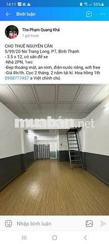 Cho Thuê Nhà Nguyên Căn Hẻm 5/99 Nơ Trang Long. Giá 8Tr