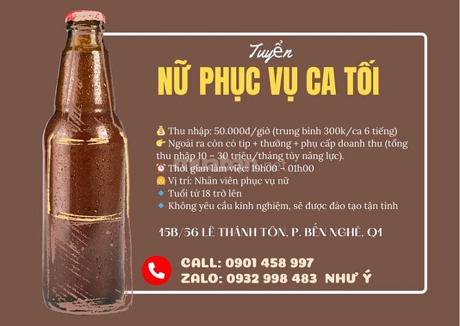 TUYỂN DỤNG NỮ NHÂN VIÊN PHỤC VỤ CA TỐI 19H-1H