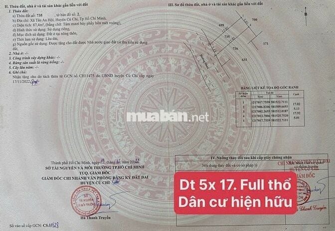 Bán Đất Củ Chi : 5x17 - 100% Thổ Cư - Tân An Hội . Giá 750 triệu