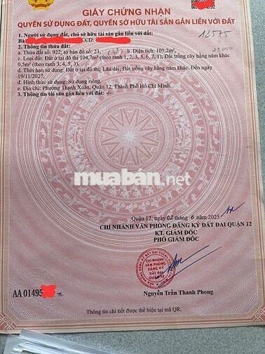 40tr/m2- 105m2 thổ cư- tx33- hẻm xe hơi- p.thạnh Xuân- Q12 (hệ số 3.5)