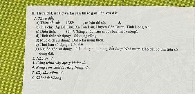 BÁN ĐẤT 87M² – TÂN LÂN CẦN ĐƯỚC – SỔ RIÊNG – GIÁ CHỈ 1,x TỶ
