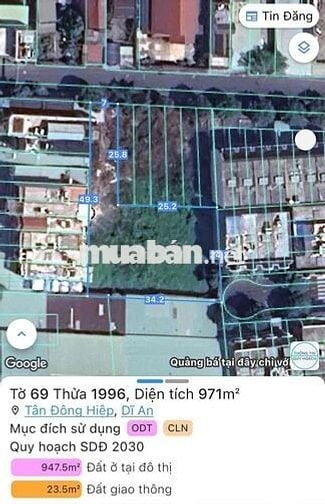 Bán đất mặt đường Đông Tác Dĩ An Ngang 7 m nở hậu diện tích : 971m