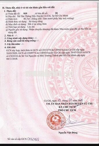 Bán Đất Thổ Cư - Củ Chi: 5x16-100% Thổ Cư-Tân Thông Hội. Giá 700 triệu