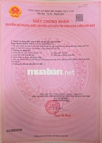 ĐẤT HXH LŨY BÁN BÍCH, TÂN PHÚ - 64M2 - PHÉP 1T, 1L, 3L, ST- CHỈ 5.5 TỶ