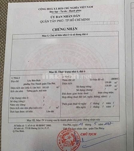 BÁN NHÀ 2 MẶT TIỀN TRƯỚC VÀ SAU : 640 LŨY BÁN BÍCH - P. TÂN THÀNH -TP