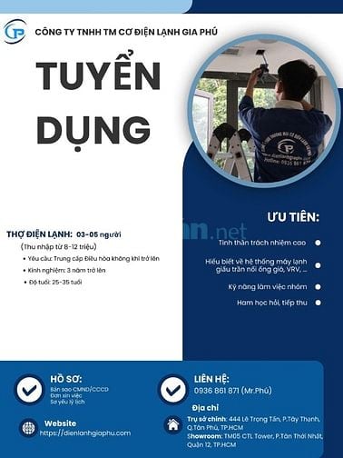 TUYỂN THỢ ĐIỆN LẠNH KHU VỰC HỒ CHÍ MINH