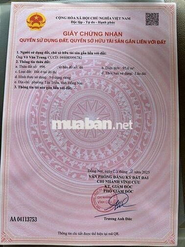 Đất sổ riêng thổ cư Phường Tân Triều