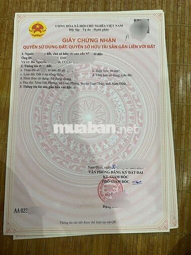 Cc Bán đất thổ cư 100m2 giá hơn 1 tỷ/lô cạnh biển Quất Lâm - sẵn sổ đỏ