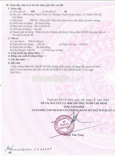 CẦN BÁN NHÀ 28TY ĐƯỜNG THẠNH XUÂN 22, Q 12, 
Dt 198,2m2 và 189m2