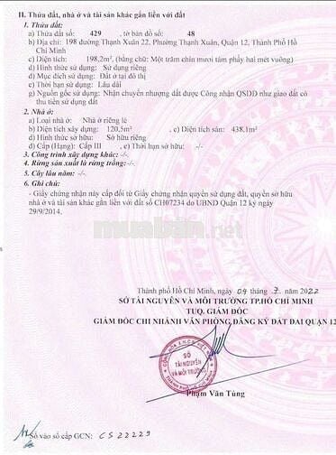 CẦN BÁN NHÀ 28TY ĐƯỜNG THẠNH XUÂN 22, Q 12, 
Dt 198,2m2 và 189m2