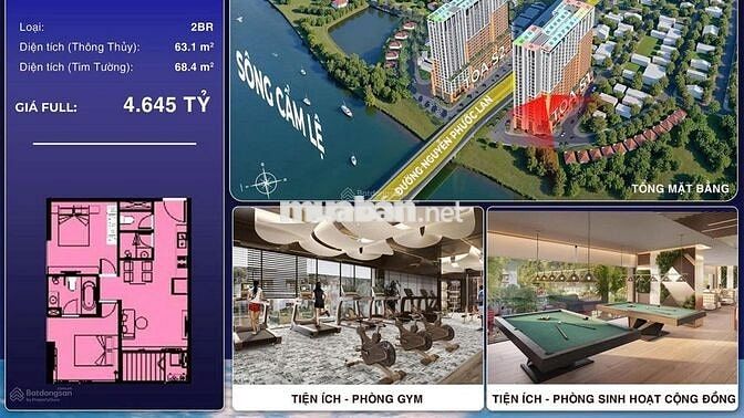 Căn hộ 2PN Sun Spana Tower view sông Cẩm Lệ, thoáng mát, giá 4.6 tỷ