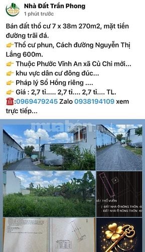 Bán 270,4m2 đất thổ cư 258m2, xã Củ Chi..