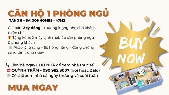 BÁN CĂN HỘ 1 PHÒNG NGỦ – TẦNG 8 – SAIGON HOME, BÌNH TÂN – GIÁ CHỈ 2 TỶ