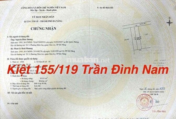 Lô đất 102m kiệ155 Trần Đình Nam oto thông thoáng