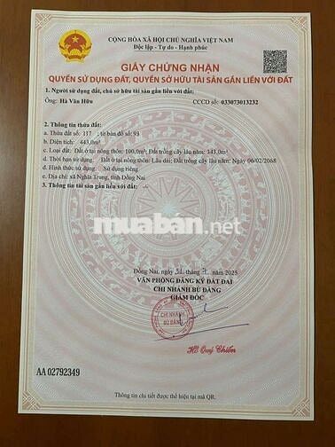 CHÍNH CHỦ BÁN ĐẤT SỔ HỒNG RIÊNG, 443m², GIÁ 550 TR – XÃ NGHĨA TRUNG