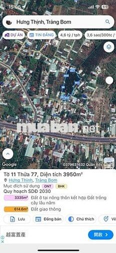CẦN BÁN ĐẤT  3950m2 XÃ HƯNG THỊNH,TRẢNG BOM ,ĐỒNG NAI