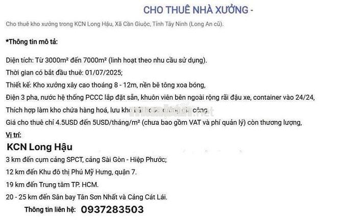 Cho thuê Kho, nhà xưởng tại KCN Long Hậu, giá cực chất 120 nghìn / m2,