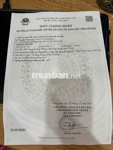 Đất 2 mặt tiền thổ cư sổ đỏ Khu 13 xã Long Đức